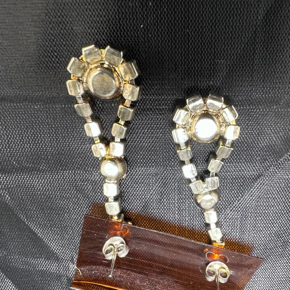 Vtg Rhinestone Dangle Earrings 14KT GF Posts 1.75